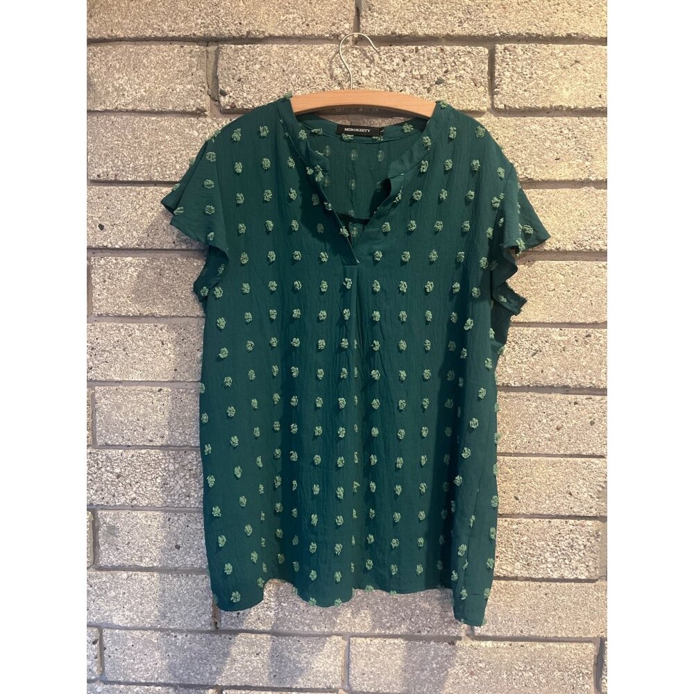 Merokeety Womens Green Swiss Dot Flutter Sleeve Top Size L